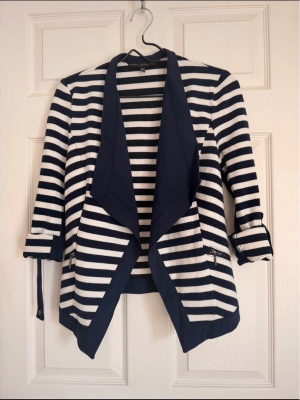White House Black Market Navy & White Striped Open-Front Jacket - Picture 2 of 3